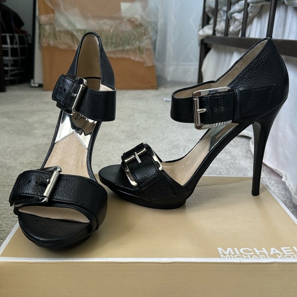 Michael Kors Black Leather Heels with Silver Buckles - Picture 1 of 5